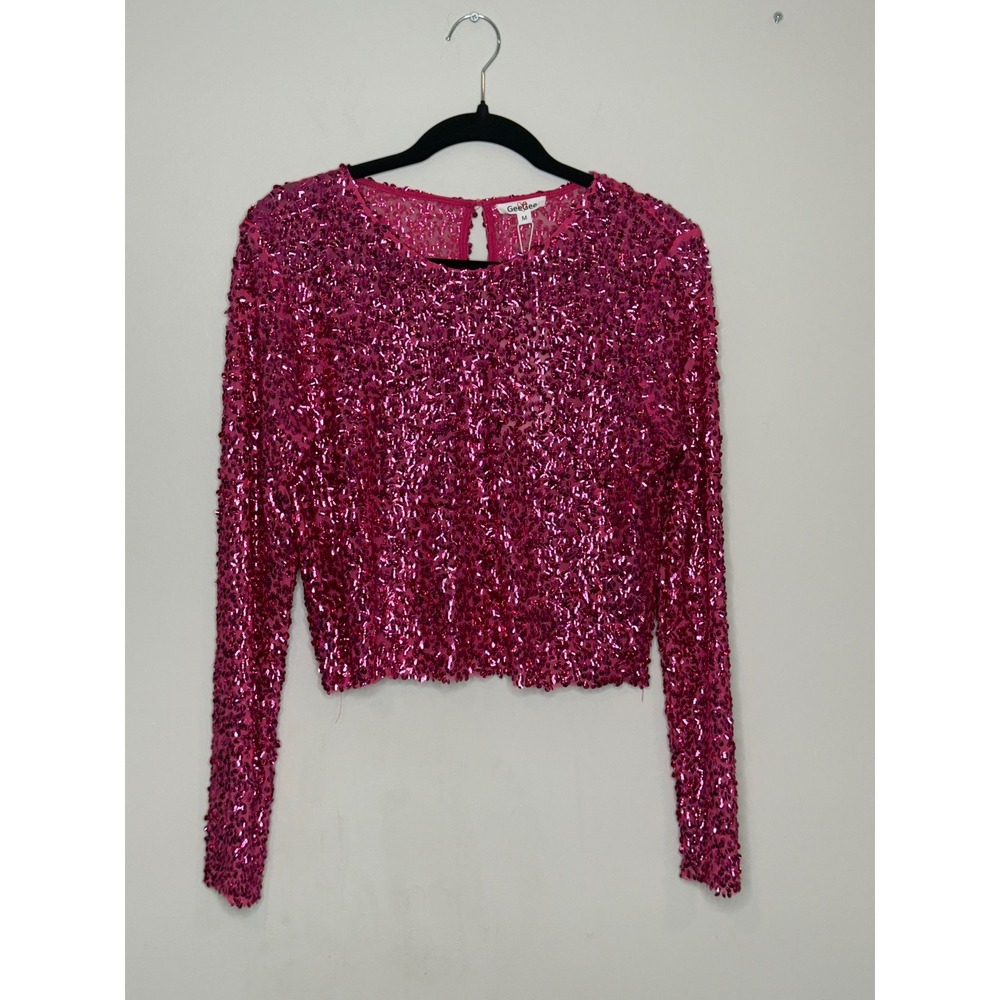 GeeGee Pink Sequin Crop Top Long Sleeve Magenta Party Blouse ST50323 NEW